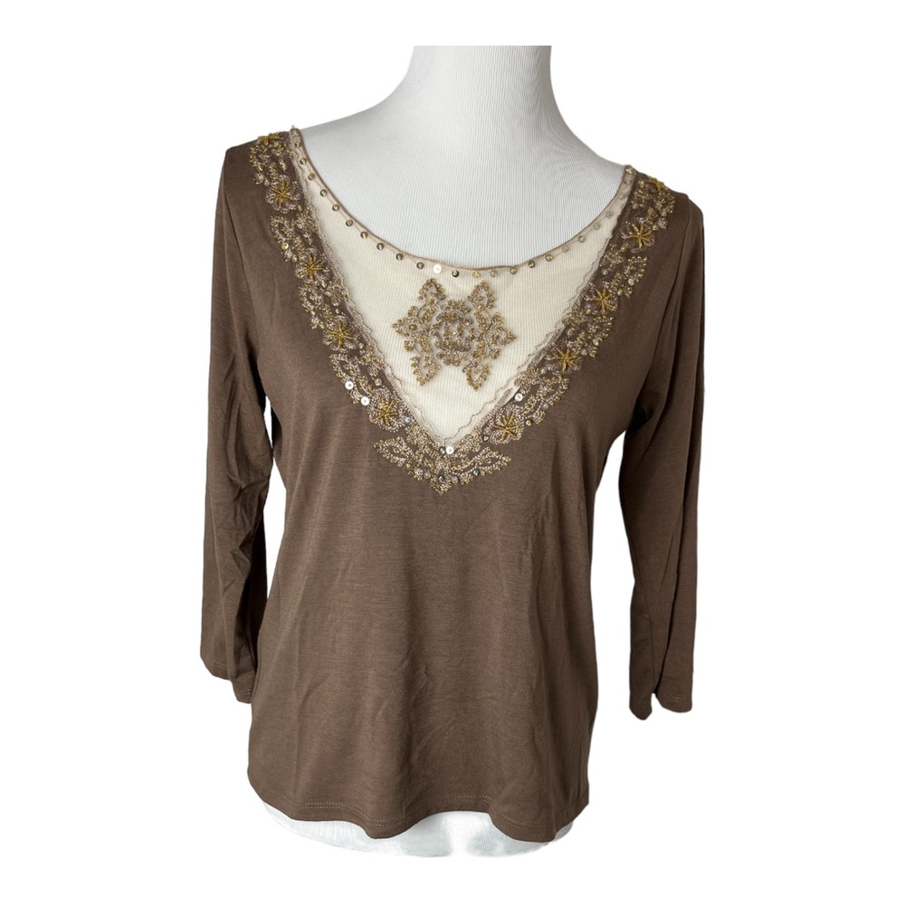Soft Surroundings Brown 3/4 Sleeve Sheer Beaded Sequins Top - Women's M